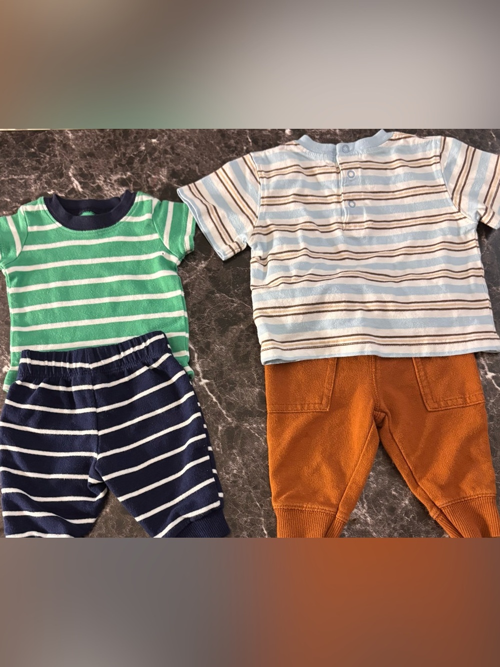 Striped Baby Two-Piece Sets in Green/Navy and Light Blue/Copper
